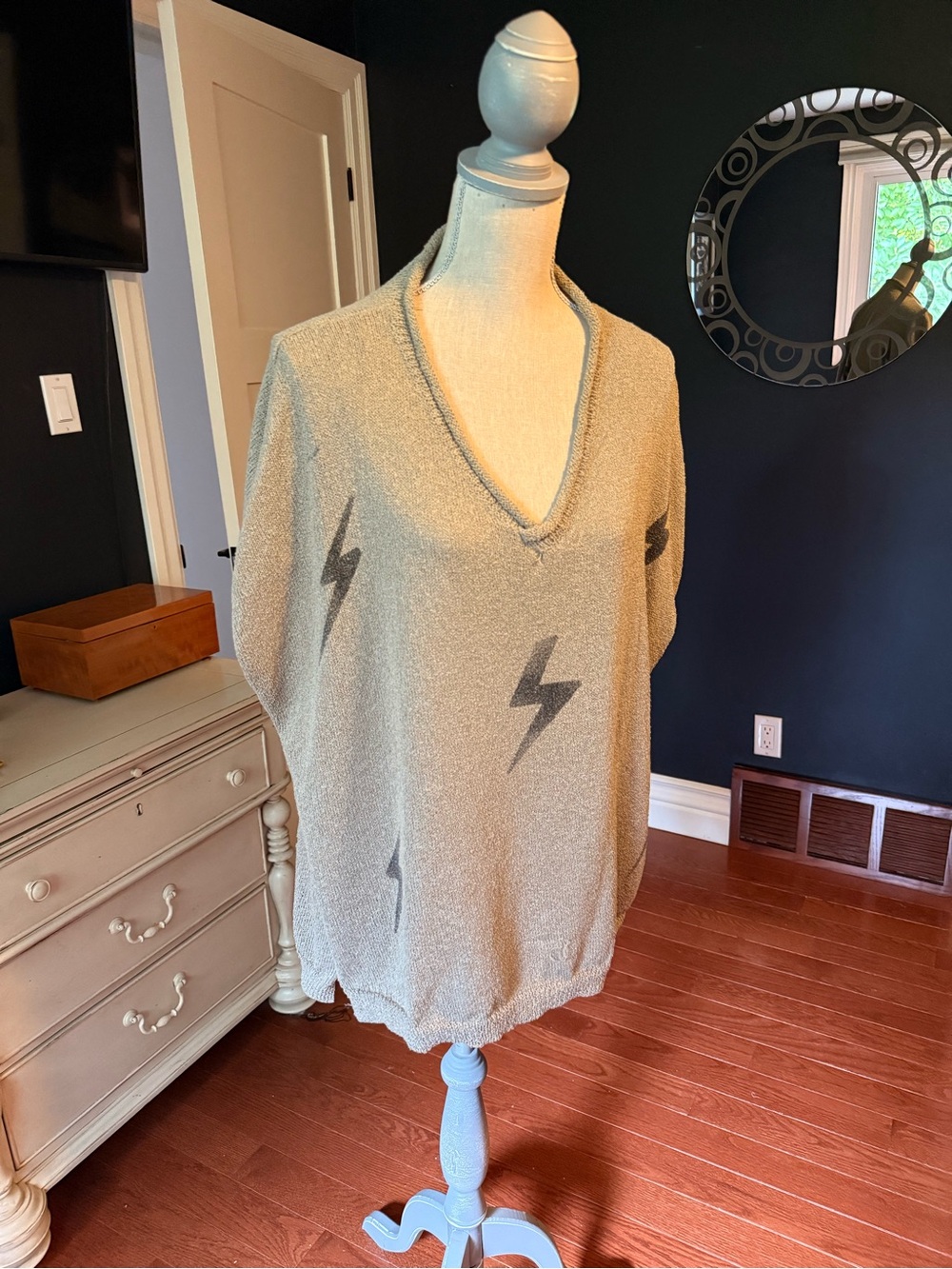 Three Bird Nest Beige V-Neck Sweater with Gray Lightning Bolts